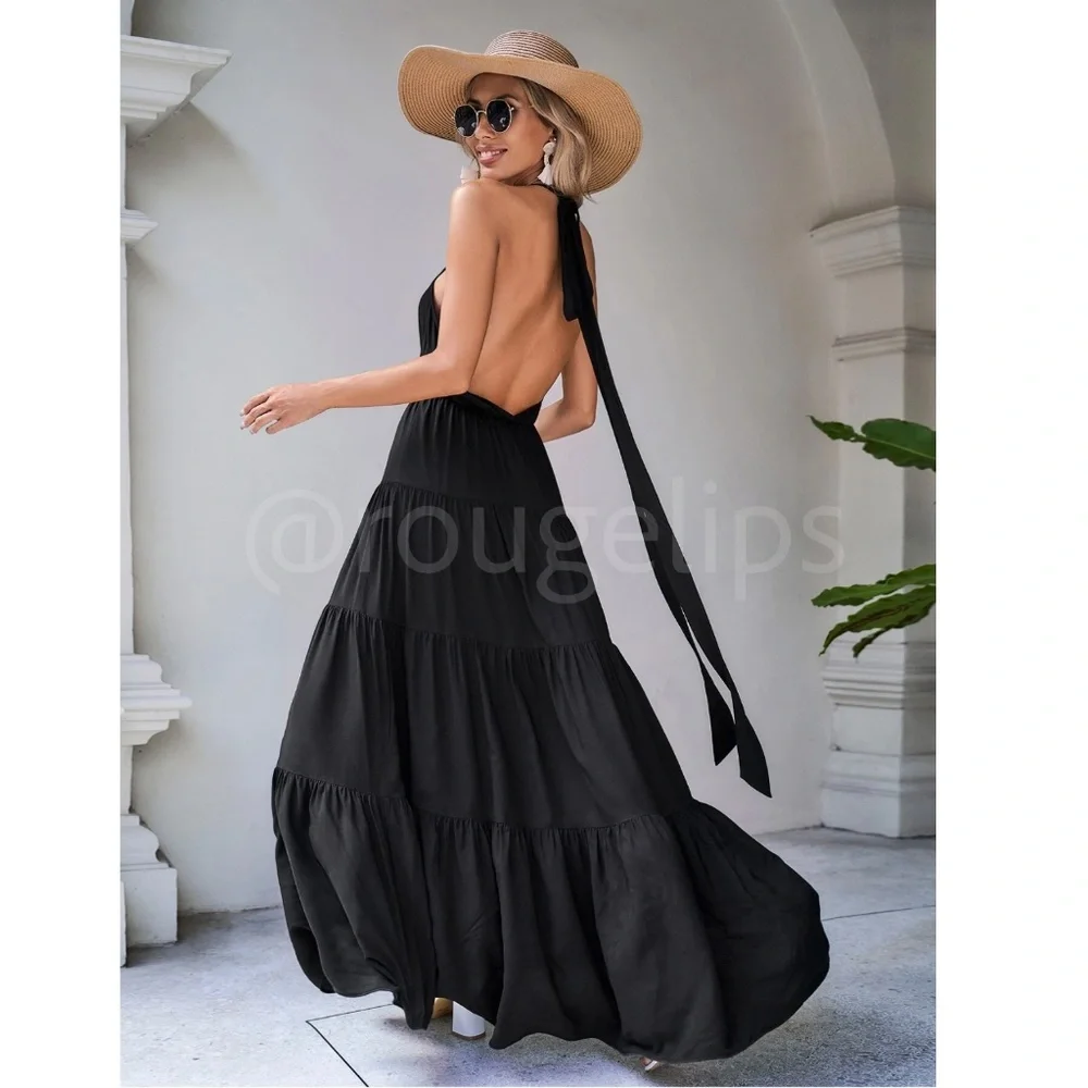 Black Maxi Dress Halter Neck Ties Backless Open Back Flared Long Ruffle Hem - Picture 7 of 8